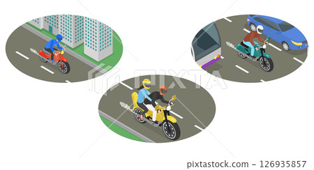 3D Isometric Flat  Illustration of Moto Vehicle, Riding Motorbike Scenes 126935857