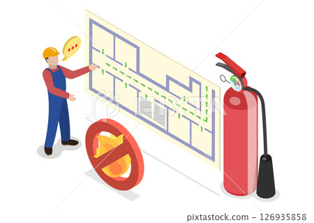 3D Isometric Flat Illustration of Fire Evacuation Plan, Procedures and Emergency Equipment 3D Isometric Flat Illustration of Fire Evacuation Plan, Procedures and Emergency Equipment 126935858