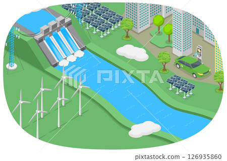 3D Isometric Flat  Illustration of Sustainable Energy Generation, Sustainable Resources For Modern Energy Technologies 126935860