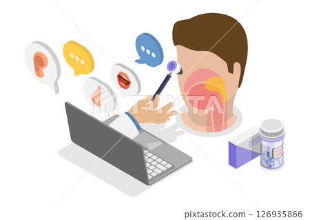 3D Isometric Flat  Illustration of ENT, Conducting Online Examination of Ears, Nose and Throat 126935866