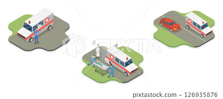 3D Isometric Flat  Illustration of Ambulance Vehicle, Emergency Patient Transportation 126935876