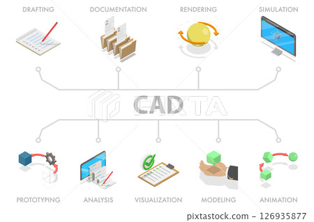 3D Isometric Flat Illustration of Computer-Aided Design, Illustration Infographic Set Of CAD Concept Vector Icons For Computer-Aided Design Background 3D Isometric Flat Illustration of Computer-Aided Design, Illustration Infographic Set Of CAD Concept Vector Icons For Computer-Aided Design Background 126935877