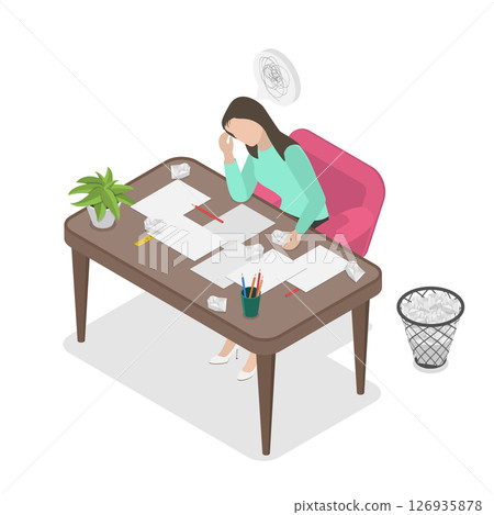 3D Isometric Flat Illustration of Frustrated Young Woman, Creative Crisis, Fatigue or Mental Stress 3D Isometric Flat Illustration of Frustrated Young Woman, Creative Crisis, Fatigue or Mental Stress 126935878
