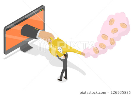3D Isometric Flat  Illustration of Investment Growth, Businessman Rubbing Magic Lamp and Tetting Money Instantly 126935885