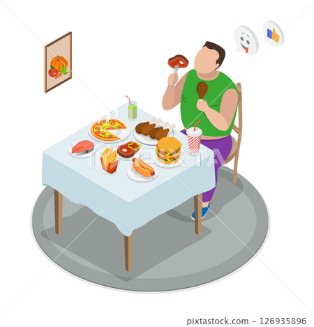 3D Isometric Flat Illustration of Unhealthy Diet, Concept Of Overeating 3D Isometric Flat Illustration of Unhealthy Diet, Concept Of Overeating 126935896