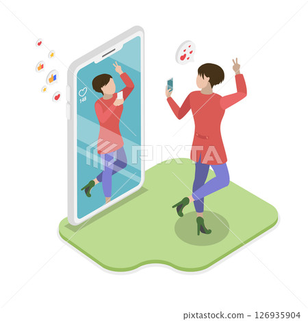 3D Isometric Flat  Illustration of Selfie Culture, Internet and Gadget Addiction Addiction 126935904
