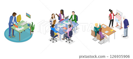 3D Isometric Flat  Illustration of Parent-teacher Meeting, Depicting Student-Led Conferences 126935906