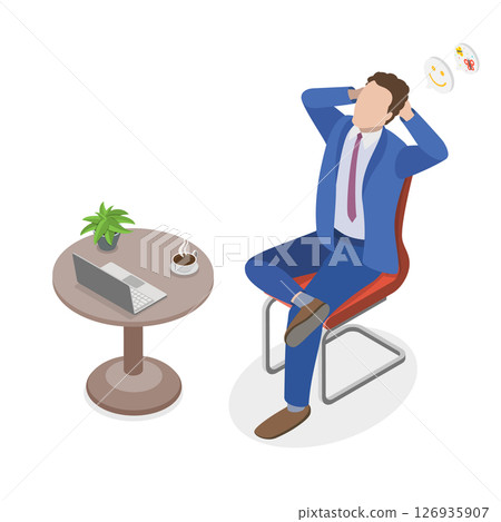 3D Isometric Flat  Illustration of Boss Character, Serene Businessman Relaxing On Rolling Office Chair 126935907