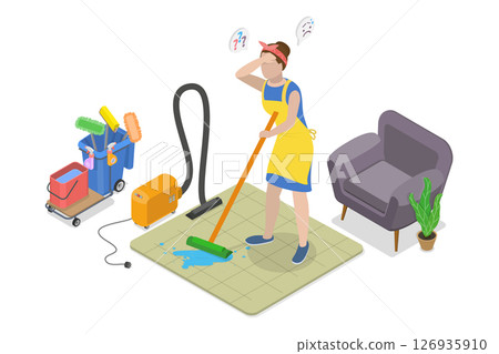 3D Isometric Flat  Illustration of Sad Housewife, Thinking Cleaner with Question Mark 126935910
