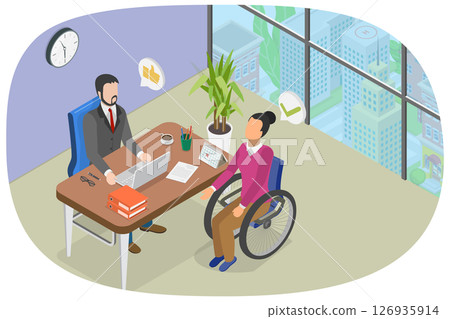 3D Isometric Flat  Illustration of Disabled Employment , Concept Of Employing Individuals With Disabilities 126935914