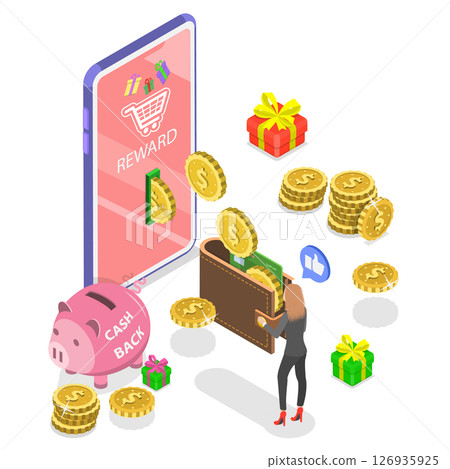 3D Isometric Flat  Illustration of Loyalty Program, Offering Cash Back Rewards To Customers For Their Purchases 126935925