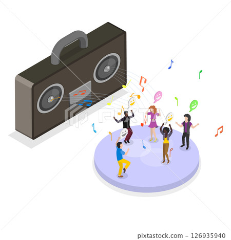 3D Isometric Flat Illustration of Radio Recorder, Happy Person Listening To Music 3D Isometric Flat Illustration of Radio Recorder, Happy Person Listening To Music 126935940