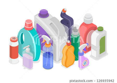 3D Isometric Flat  Set of Detergent Bottles, Cleaning Supplies Products 126935942