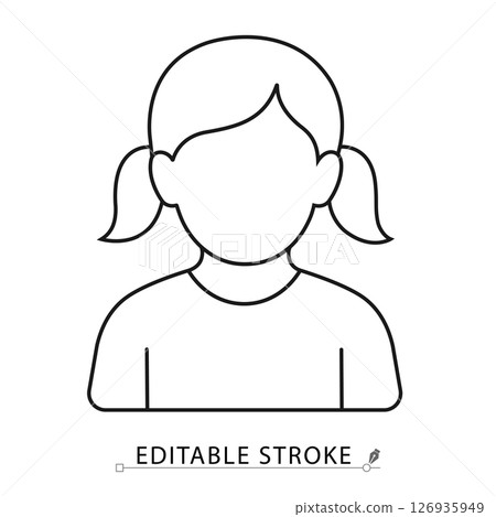 Girl icon in minimal black outline style with pigtails on white background. Editable stroke vector for child profile, user avatar, character, family or kids topics. Girl icon. 126935949