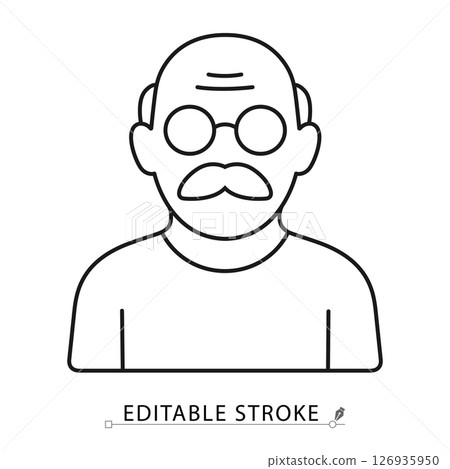 Grandfather icon in minimal black outline style with glasses and mustache on white background. Editable stroke vector for senior man, old person, family or character topics. Grandfather icon. 126935950