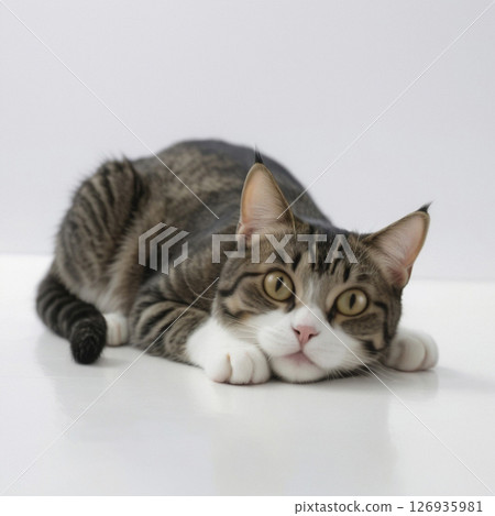 A brown and white cat lying face down 126935981