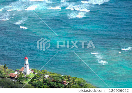Looking down on the Diamond Head Lighthouse from the top of Diamond Head, Hawaii 126936032
