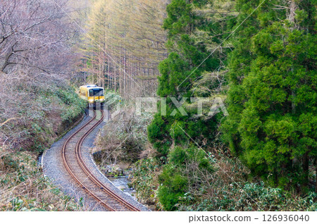 一列貴志線柴油列車在初春穿越山口 126936040