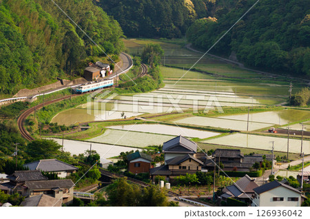 The Kotoku Line runs through the countryside near Osaka Pass. 126936042