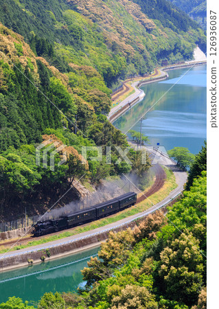A view of the Hisatsu Line steam locomotive running along the Kuma River from Kumamura Forest Road 126936087