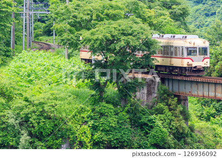 The Toyama Chiho Railway crosses the deep green Jōganji River and heads towards Tateyama The Toyama Chiho Railway crosses the deep green Jōganji River and heads towards Tateyama 126936092