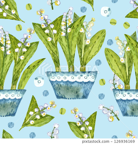 Delicate white lily of the valley flowers, collection of watercolor flowers, seamless pattern on white background. 126936169