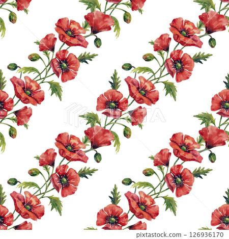 Large red poppy flowers, watercolor flowers collection, seamless pattern on white background. Large red poppy flowers, watercolor flowers collection, seamless pattern on white background. 126936170