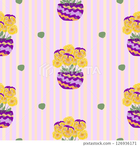 Yellow and violet pansies, striped seamless pattern Yellow and violet pansies, striped seamless pattern 126936171