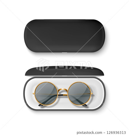 Vector 3D Realistic Round Sunglasses with Metal Frame and Hard Black Case. Stylish Vintage Eyeglasses in Open and Closed Protective Case. Design Template for Optics, Fashion, Eyewear Branding 126936313