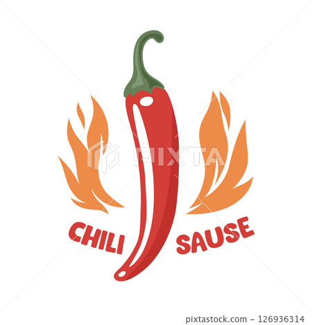 Spicy Chili Pepper With Flames Hot Sauce Logo. Fiery Chili Pepper Illustration For Spicy Food Branding. Chili Pepper Vector Art with Fire for Hot Sauce Label, Icon For Mexican Cuisine Spicy Chili Pepper With Flames Hot Sauce Logo. Fiery Chili Pepper Illustration For Spicy Food Branding. Chili Pepper Vector Art with Fire for Hot Sauce Label, Icon For Mexican Cuisine 126936314