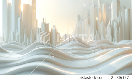 Futuristic 3D cityscape with abstract white wave structures in the foreground, bathed in soft ambient light. Ideal for tech, architecture, innovation, or abstract minimalistic designs 126936387
