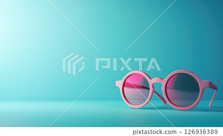 Stylish pink sunglasses on a bright blue background. Summer banner with copy space evoking a fun, playful and modern summer vibe. 126936389