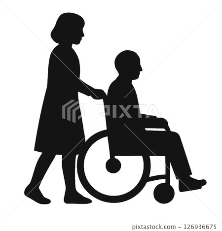 Silhouette of a caregiver pushing a wheelchair Silhouette of a caregiver pushing a wheelchair 126936675
