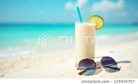 Tropical beach scene with coconut smoothie and sunglasses on white sand. Summer, travel, and relaxation. 126936707