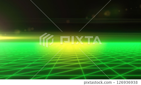 A glowing green digital grid stretching to the horizon, with a futuristic and cyber visual style background 126936938