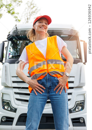 Portrait young adult happy smiling woman heavy truck driver modern cargo vehicle cabin background. Female person girl professional job career working driving freight engine lorry. Logistics industry Portrait young adult happy smiling woman heavy truck driver modern cargo vehicle cabin background. Female person girl professional job career working driving freight engine lorry. Logistics industry 126936942