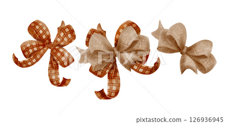 Festive plaid and burlap bows in traditional simple rustic style, with the charm of a fall pumpkin harvest festival. Hand-drawn watercolor illustrations isolated on a transparent background 126936945