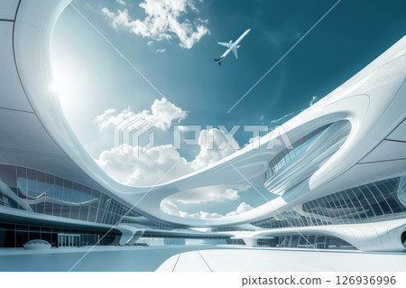 Futuristic airport with sleek architecture and a flying airplane under a bright blue sky, showcasing innovation and modern travel design. 126936996