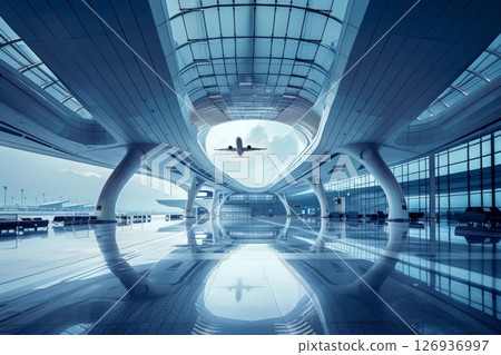 Futuristic airport with sleek architecture and a flying airplane under a bright blue sky, showcasing innovation and modern travel design. 126936997