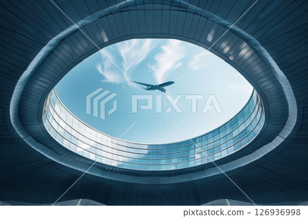 Futuristic airport with sleek architecture and a flying airplane under a bright blue sky, showcasing innovation and modern travel design. 126936998