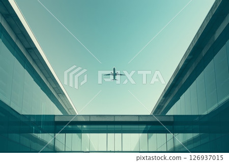 Futuristic airport with sleek architecture and a flying airplane under a bright blue sky, showcasing innovation and modern travel design. 126937015