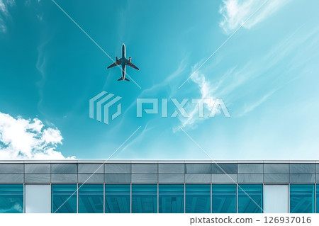 Futuristic airport with sleek architecture and a flying airplane under a bright blue sky, showcasing innovation and modern travel design. 126937016