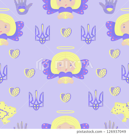 Cute Ukrainian seamless pattern (with angels, tridents, hands and hearts) on blue background 126937049