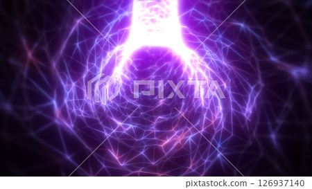 Triangular mesh network of glowing purple energy forming a digital vortex, symbolizing neural networks or quantum fields Triangular mesh network of glowing purple energy forming a digital vortex, symbolizing neural networks or quantum fields 126937140