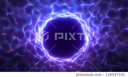 Centrally framed purple light vortex with glowing waveforms radiating outward in a symmetrical abstract pattern Centrally framed purple light vortex with glowing waveforms radiating outward in a symmetrical abstract pattern 126937141