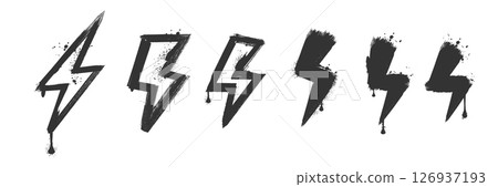 Spray paint graffiti element set of ENERGY Lightning bolt with grungy texture. Grunge ink graphic symbols of flash, danger, energy and thunder isolated on white background for printing on t shirt 126937193