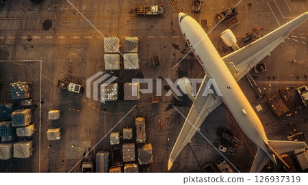 Aerial view of a cargo plane being loaded at the airport terminal, surrounded by containers, trucks, and cargo pallets. 126937319