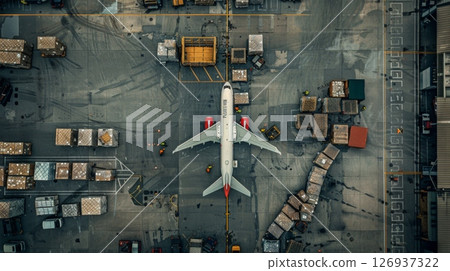 Aerial view of a cargo plane being loaded at the airport terminal, surrounded by containers, trucks, and cargo pallets. 126937322