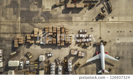 Aerial view of a cargo plane being loaded at the airport terminal, surrounded by containers, trucks, and cargo pallets. 126937324