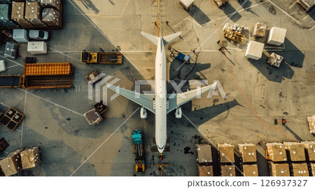 Aerial view of a cargo plane being loaded at the airport terminal, surrounded by containers, trucks, and cargo pallets. 126937327